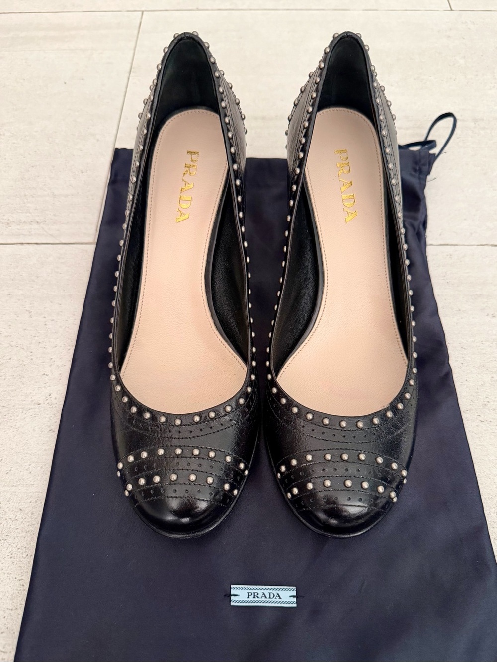 Prada Black Leather Studded Block Heel Pumps | Size 37 | Worn Once